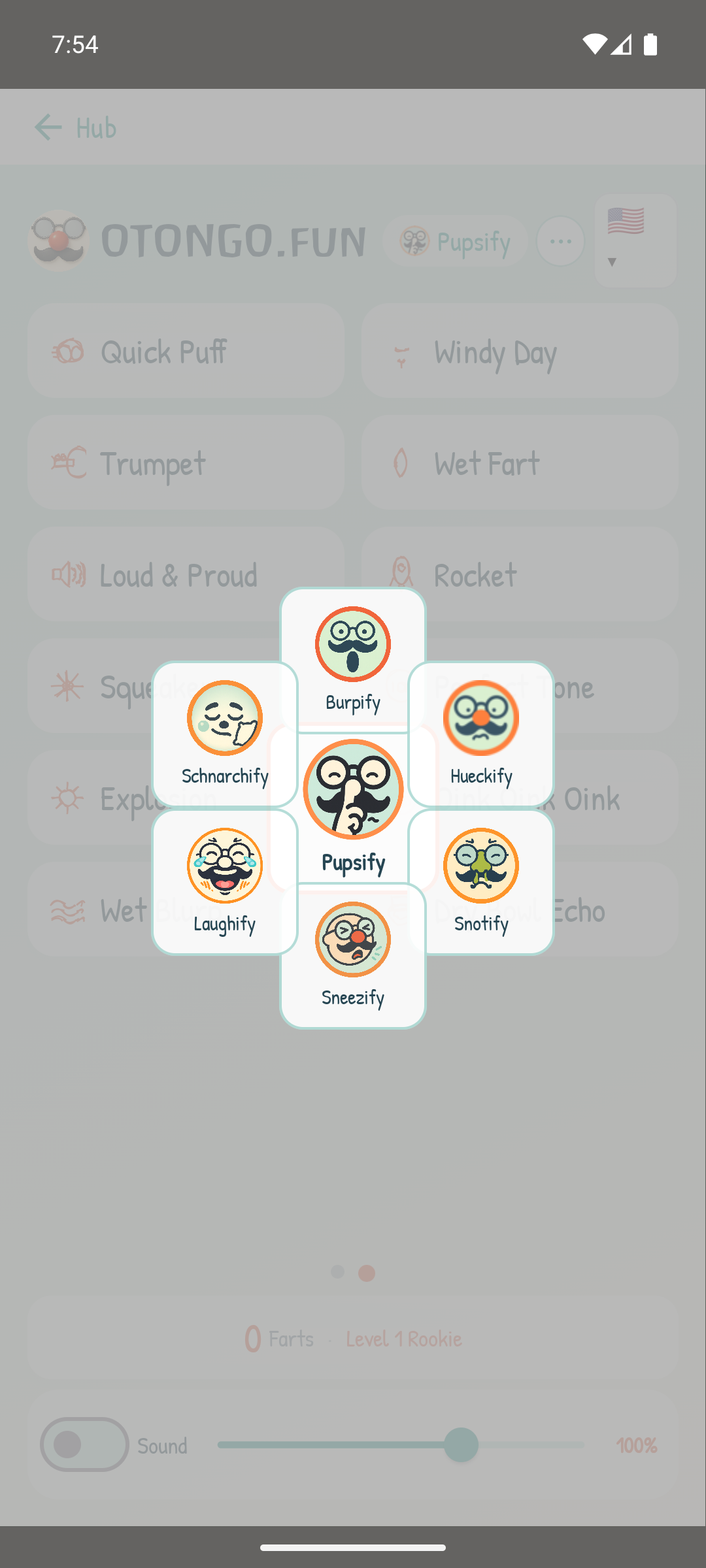 OTONGO.fun Soundboard Board-Auswahlmenü mit allen sieben Boards